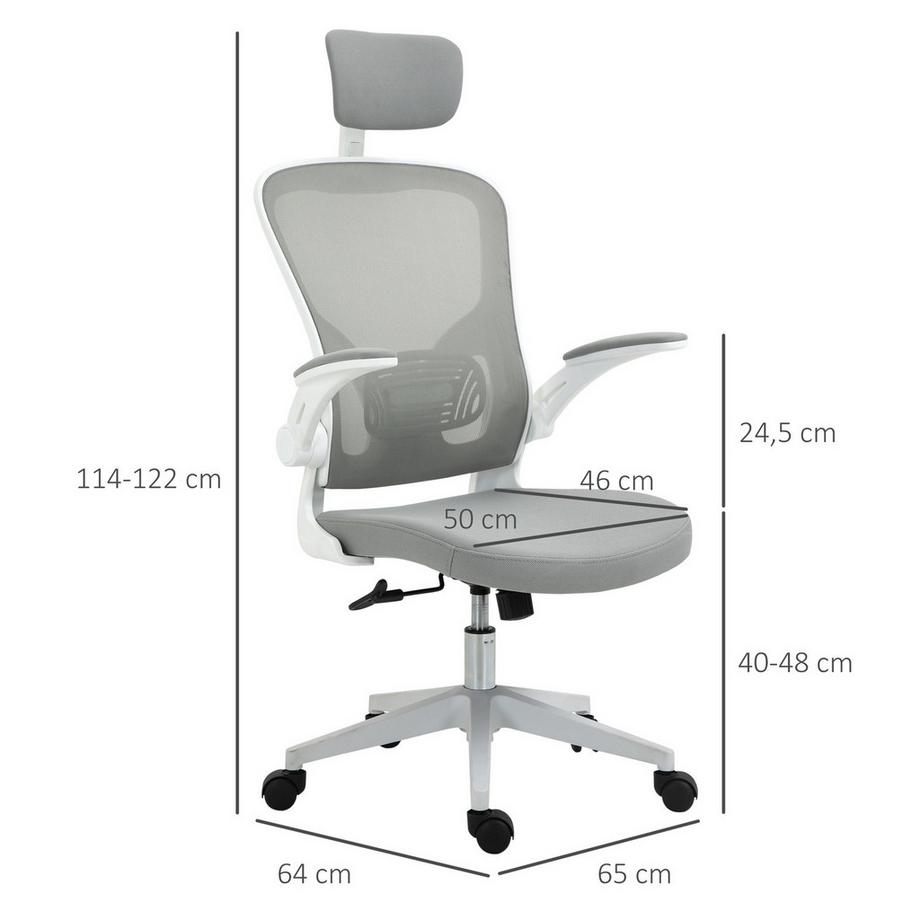 Northio  Bürostuhl Ergonomischer Stuhl Mit Wippfunktion Hoher Rückenlehne Lendenwirbelstütze Kopfstütze Hochklappbarem Grau 65 X 64 X 114-122 Cm 