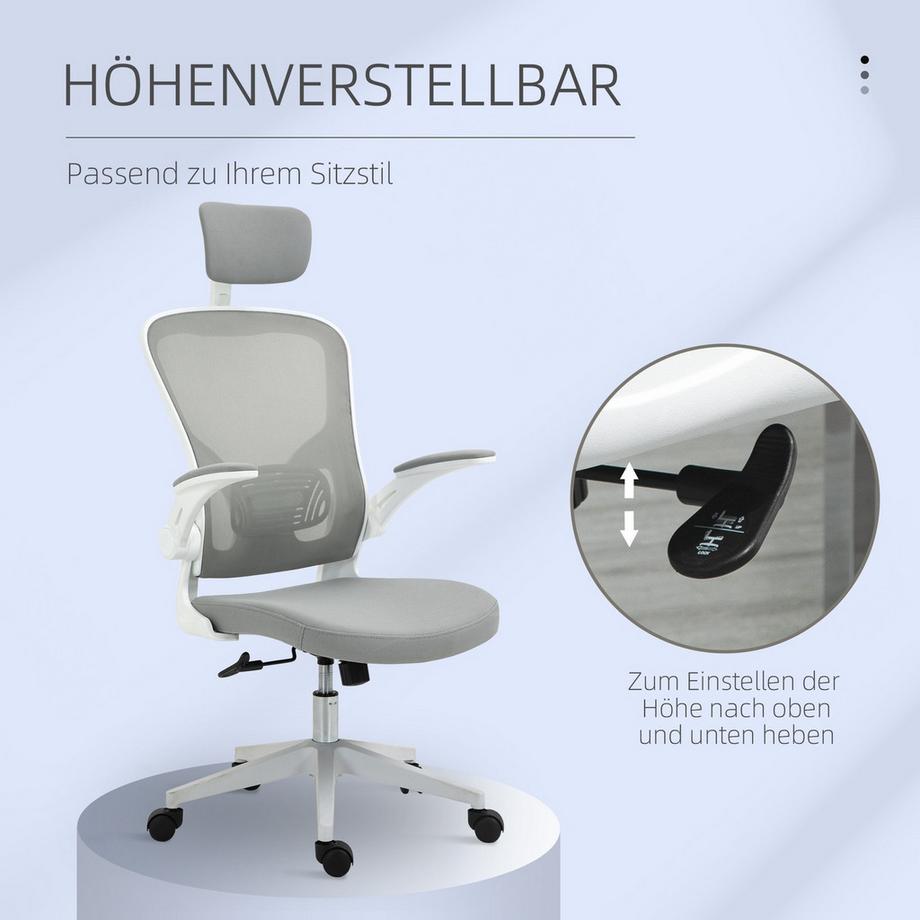 Northio  Bürostuhl Ergonomischer Stuhl Mit Wippfunktion Hoher Rückenlehne Lendenwirbelstütze Kopfstütze Hochklappbarem Grau 65 X 64 X 114-122 Cm 