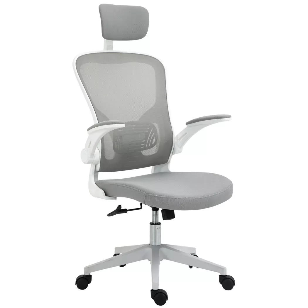 Northio – Bürostuhl Ergonomischer Stuhl Mit Wippfunktion Hoher Rückenlehne Lendenwirbelstütze Kopfstütze Hochklappbarem Grau 65 X 64 114-122 Cm, 64x64CM