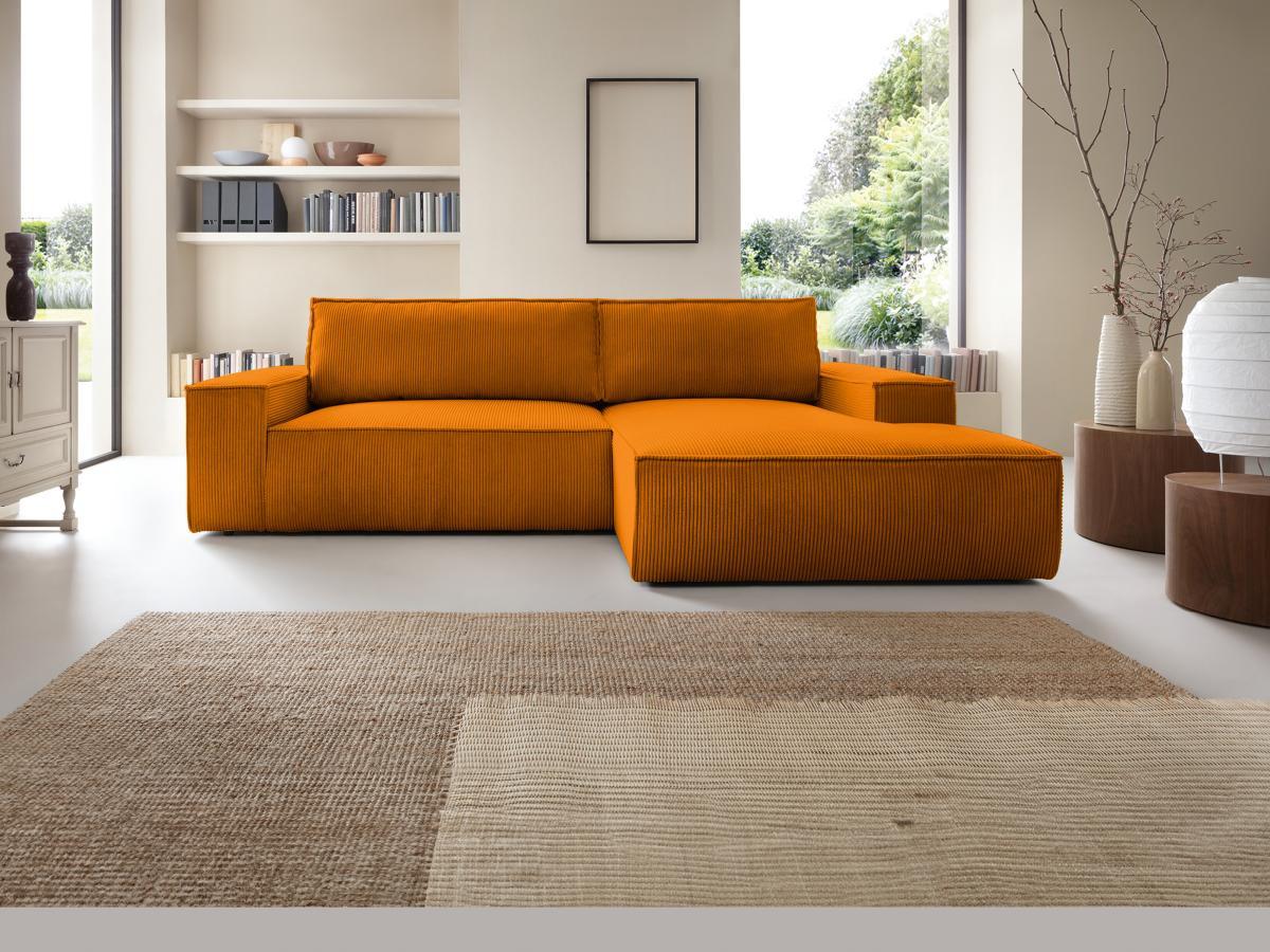 Vente-unique Ecksofa mit Schlaffunktion - Ecke rechts - Cord - Hellorange - AMELIA  