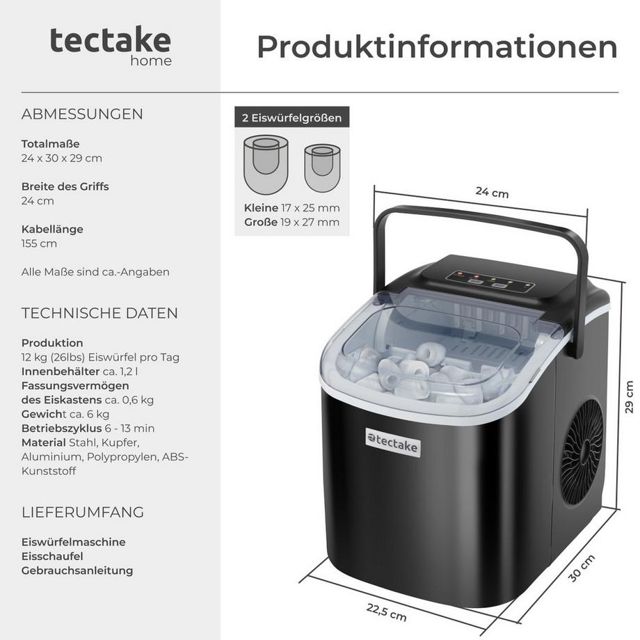 Tectake Machine à glaçons ARCTIC réservoir d'eau de 1,2 L avec 2 tailles de glaçons  