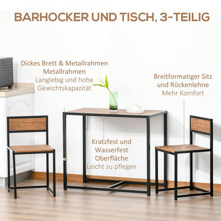 Northio  Essgruppe Küchentisch Mit 2 Stühlen, Esstisch Set, Esszimmergruppe, Metall, Natur 