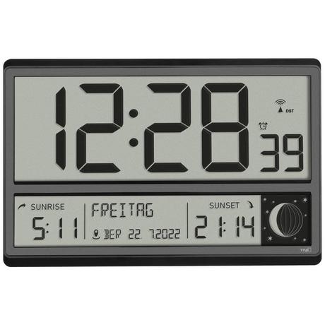 TFA Dostmann Horloge radiopilotée numérique XL avec lever de soleil et coucher de soleil  