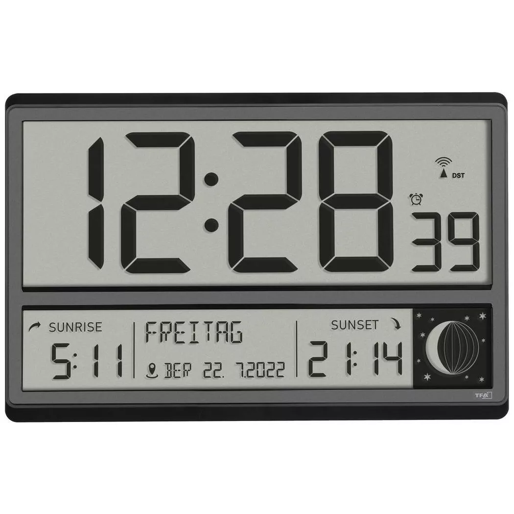 Horloge murale TFA Dostmann 60.4524.01 radiopiloté(e) 360 mm x 28 mm x 235 mm noir grand écran