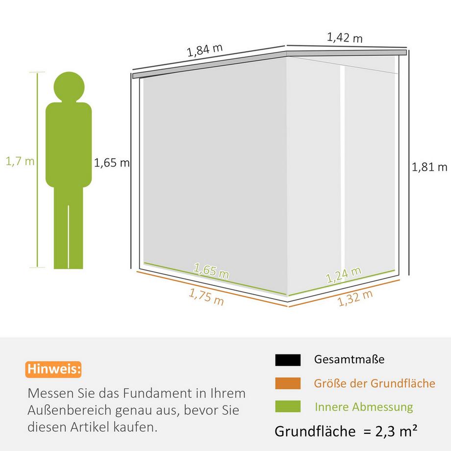 Northio  Metall Gerätehaus 2,3m² 142x184x181cm Geräteschuppen mit Fundament Pultdach Fenster abschließbar Tür Handschuhe wetterfest Gartenhaus Outdoor Garten Schuppen für Garten Hinterhof Hellgrau | 