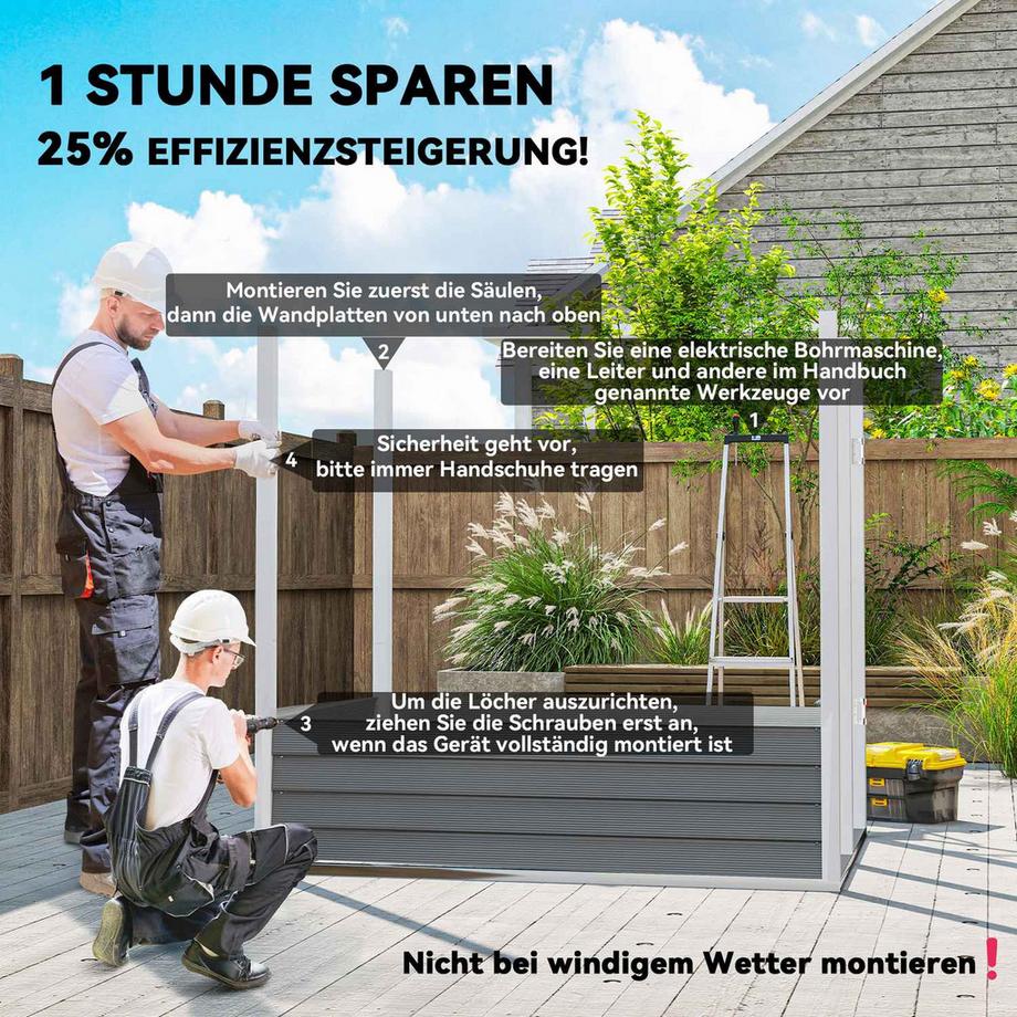 Northio  Metall Gerätehaus 2,3m² 142x184x181cm Geräteschuppen mit Fundament Pultdach Fenster abschließbar Tür Handschuhe wetterfest Gartenhaus Outdoor Garten Schuppen für Garten Hinterhof Hellgrau | 