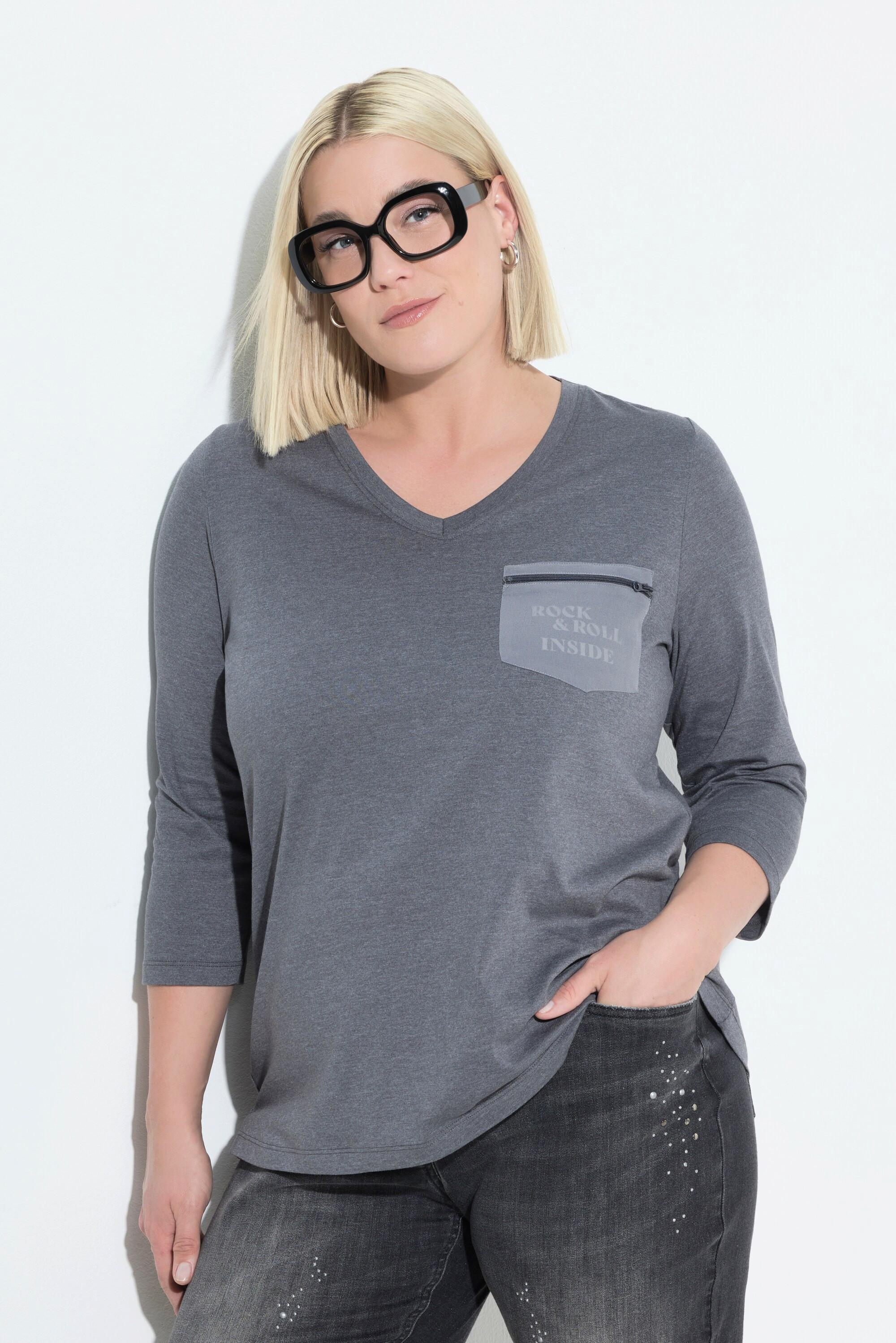 Ulla Popken Classic V-Ausschnitt 3/4-Arm Shirt mit Zipp-Brusttasche  