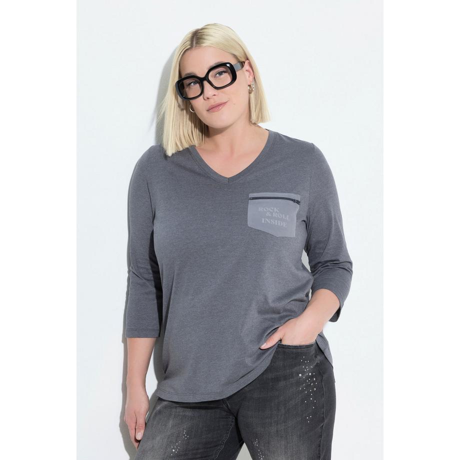 Ulla Popken T-shirt Classique Col V Manches 3/4 avec Poche Poitrine Zippée  