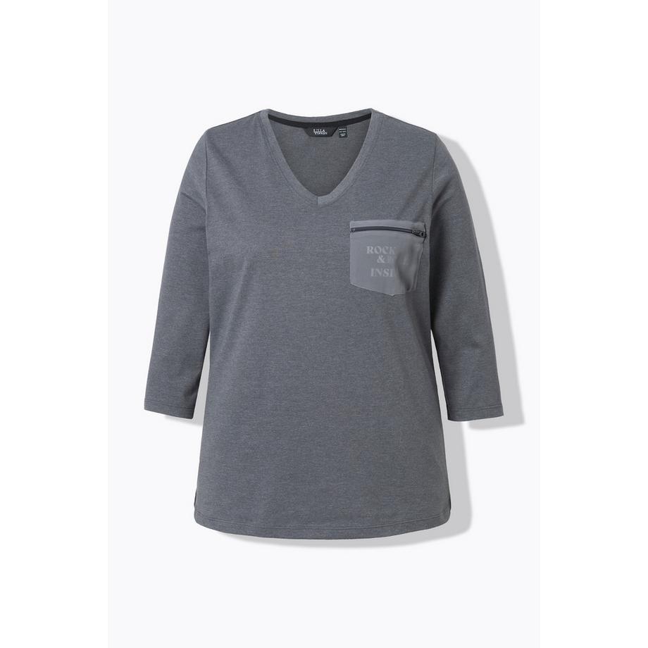 Ulla Popken T-shirt Classique Col V Manches 3/4 avec Poche Poitrine Zippée  