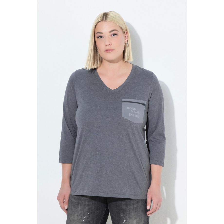 Ulla Popken T-shirt Classique Col V Manches 3/4 avec Poche Poitrine Zippée  