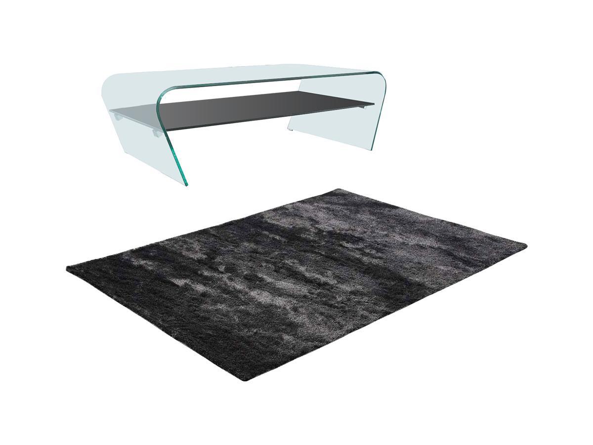 Vente-unique Ensemble table basse transparent et noir KELLY et tapis shaggy anthracite DOLCE  