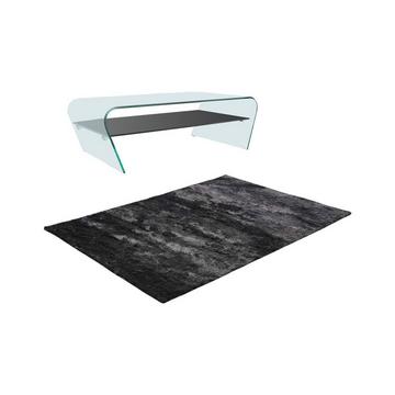 Ensemble table basse transparent et noir KELLY et tapis shaggy anthracite DOLCE