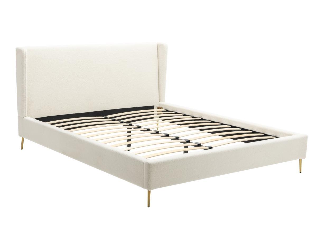 Vente-unique Lit 160 x 200 cm - Tissu effet bouclettes - Ecru + Matelas - UPILIA  