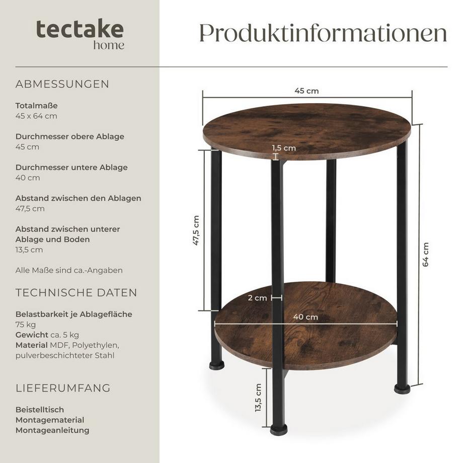 Tectake Beistelltisch Ballina Industrial Style Holz und Stahl  