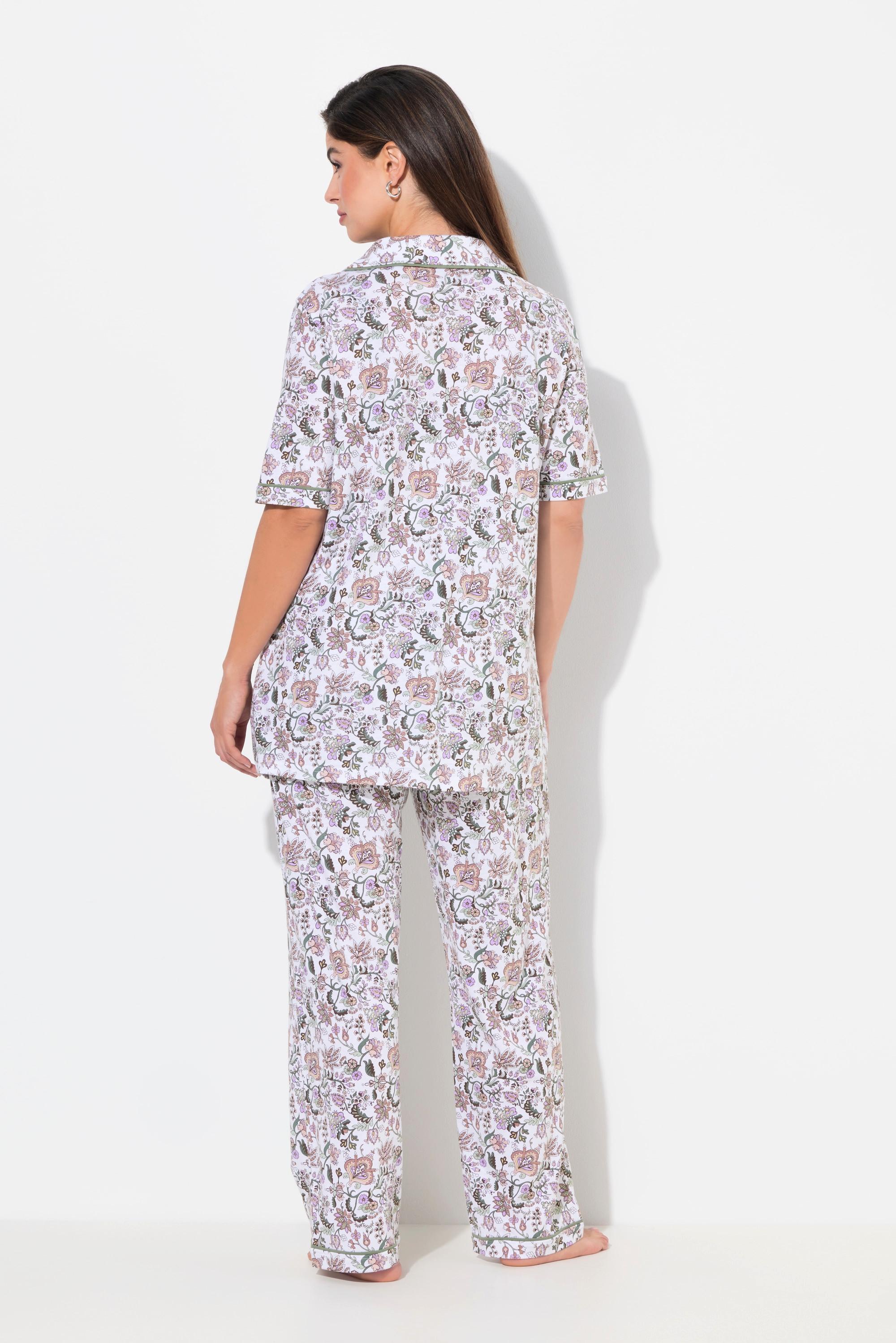 Ulla Popken Pyjama Imprimé Floral Col Revers Manches Courtes Poches  