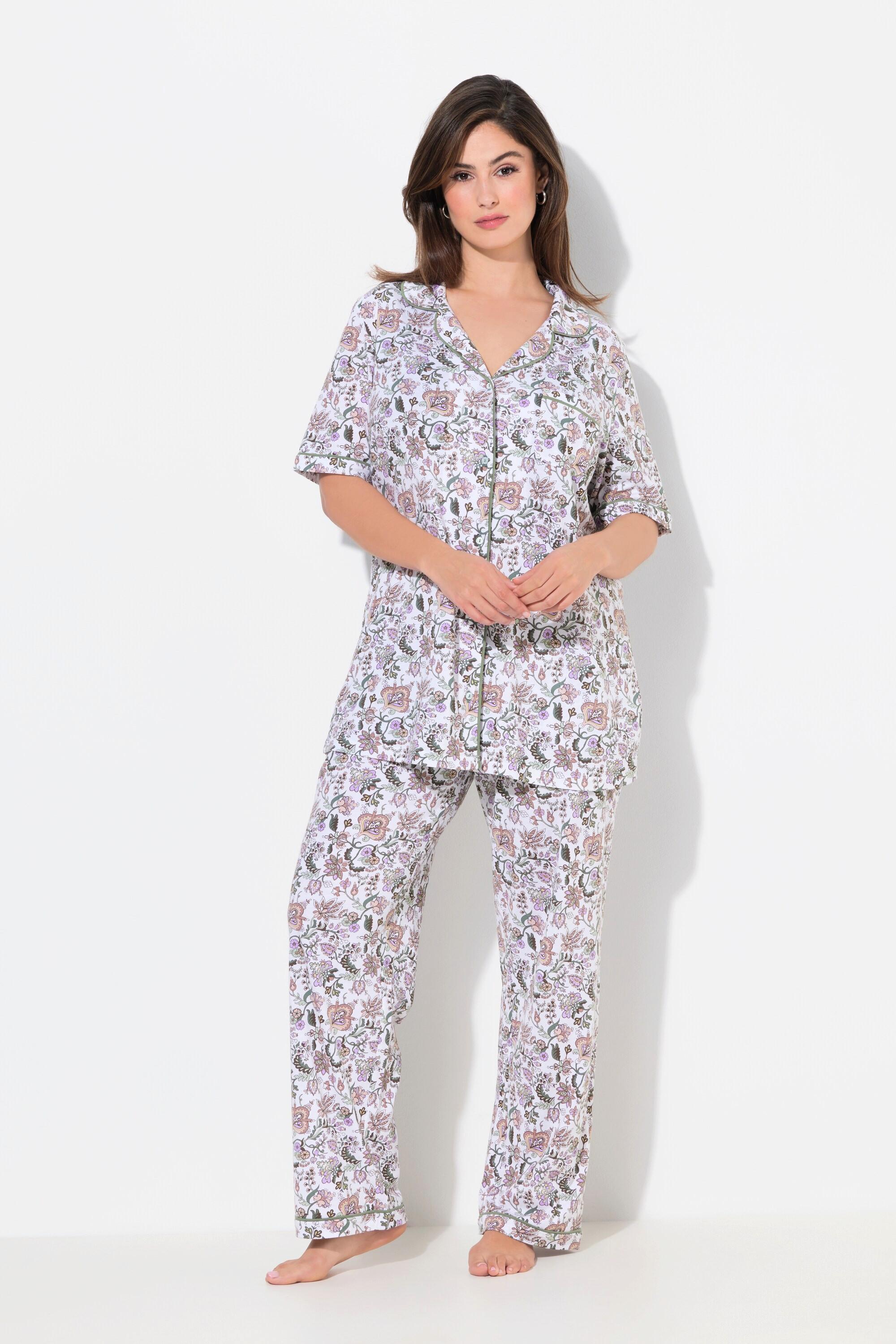 Ulla Popken Pyjama Imprimé Floral Col Revers Manches Courtes Poches  