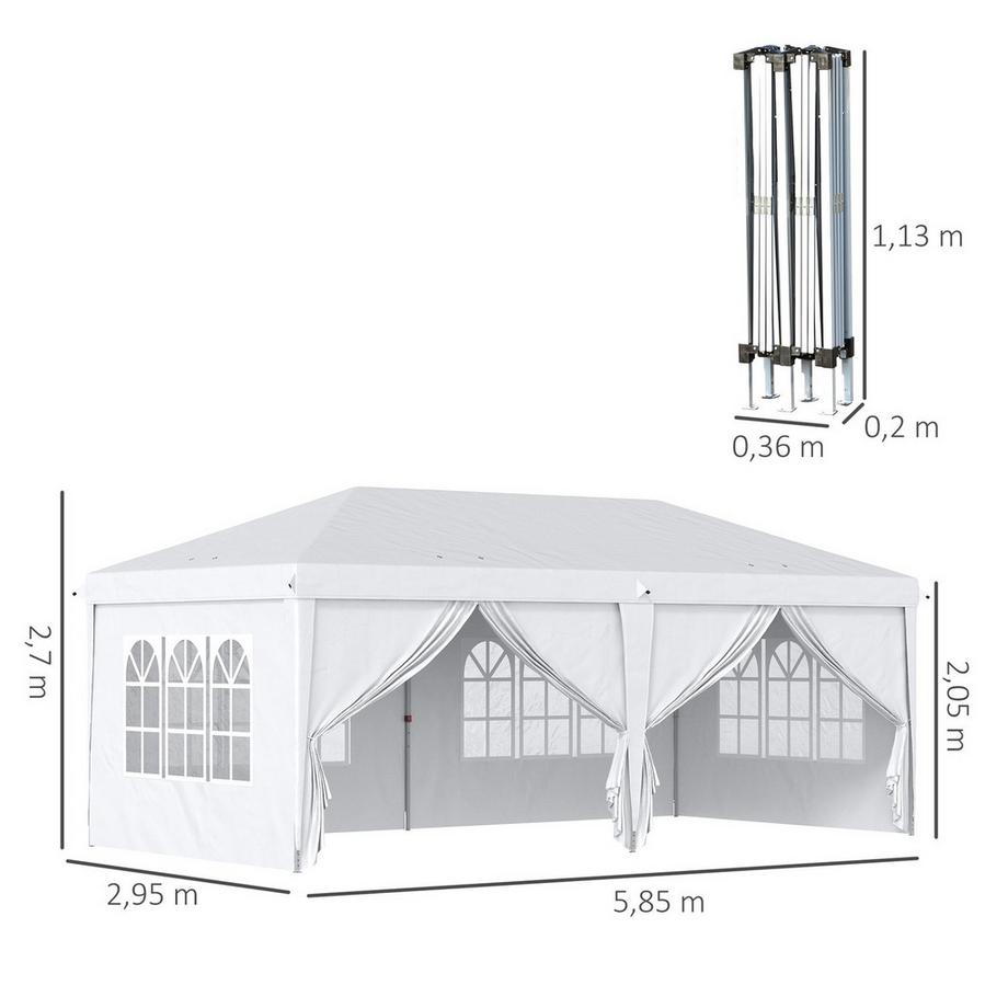 Northio Gazebo 5,85 x 2,95 m, padiglione da giardino pieghevole con protezione UV, tenda per feste con pareti laterali e finestre, porte con cerniera, acciaio bianco  