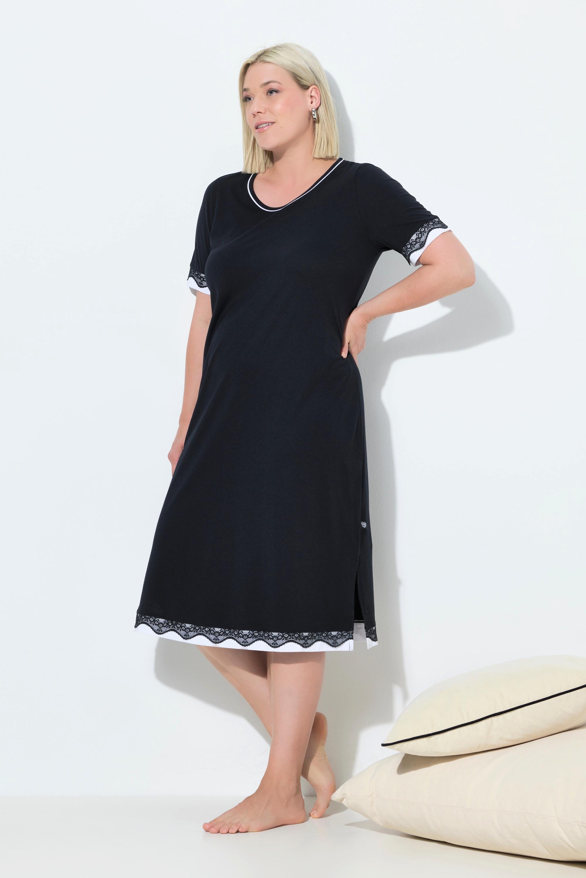 Ulla Popken Nachthemd Spitzenkanten Rundhals Halbarm  