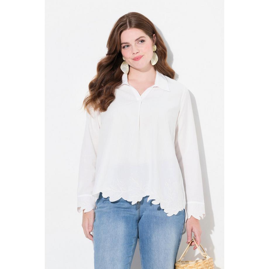 Ulla Popken Tunica Ricami Colletto Camicia Manica Lunga Cotone Biologico  