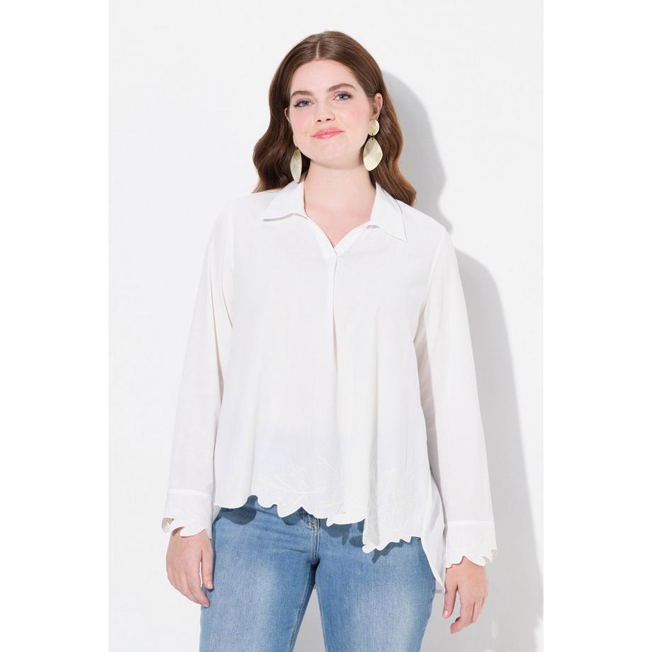 Ulla Popken Tunica Ricami Colletto Camicia Manica Lunga Cotone Biologico  