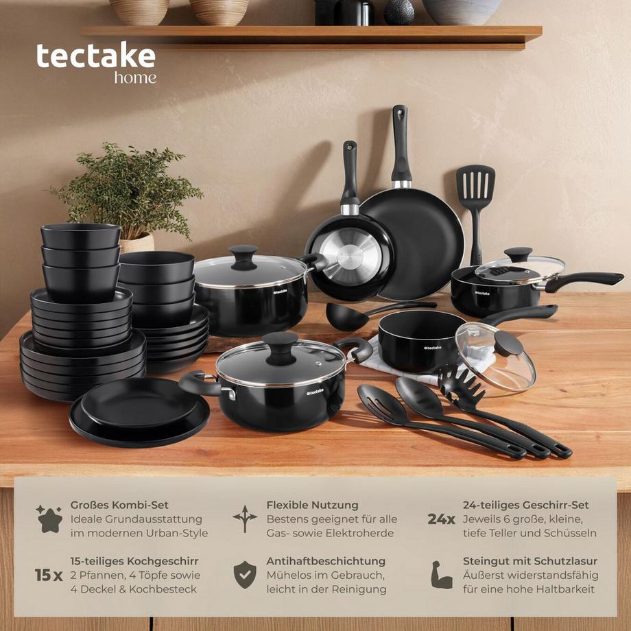 Tectake Küchenstarterset Una/Varese Geschirrset aus Steingut, mit Glasur 4 Töpfe und 2 Pfannen aus rostfreiem Aluminium  