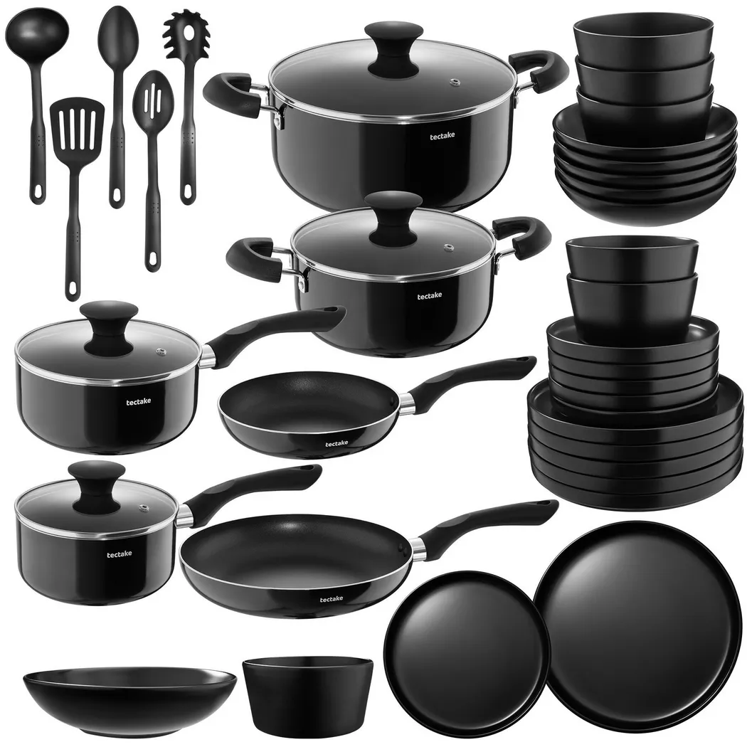 Tectake - Set de cuisine UNA et VARESE service de vaisselle en grès émaillé 39 pièces, 36-37,38-39,40-41, Charcoal Black