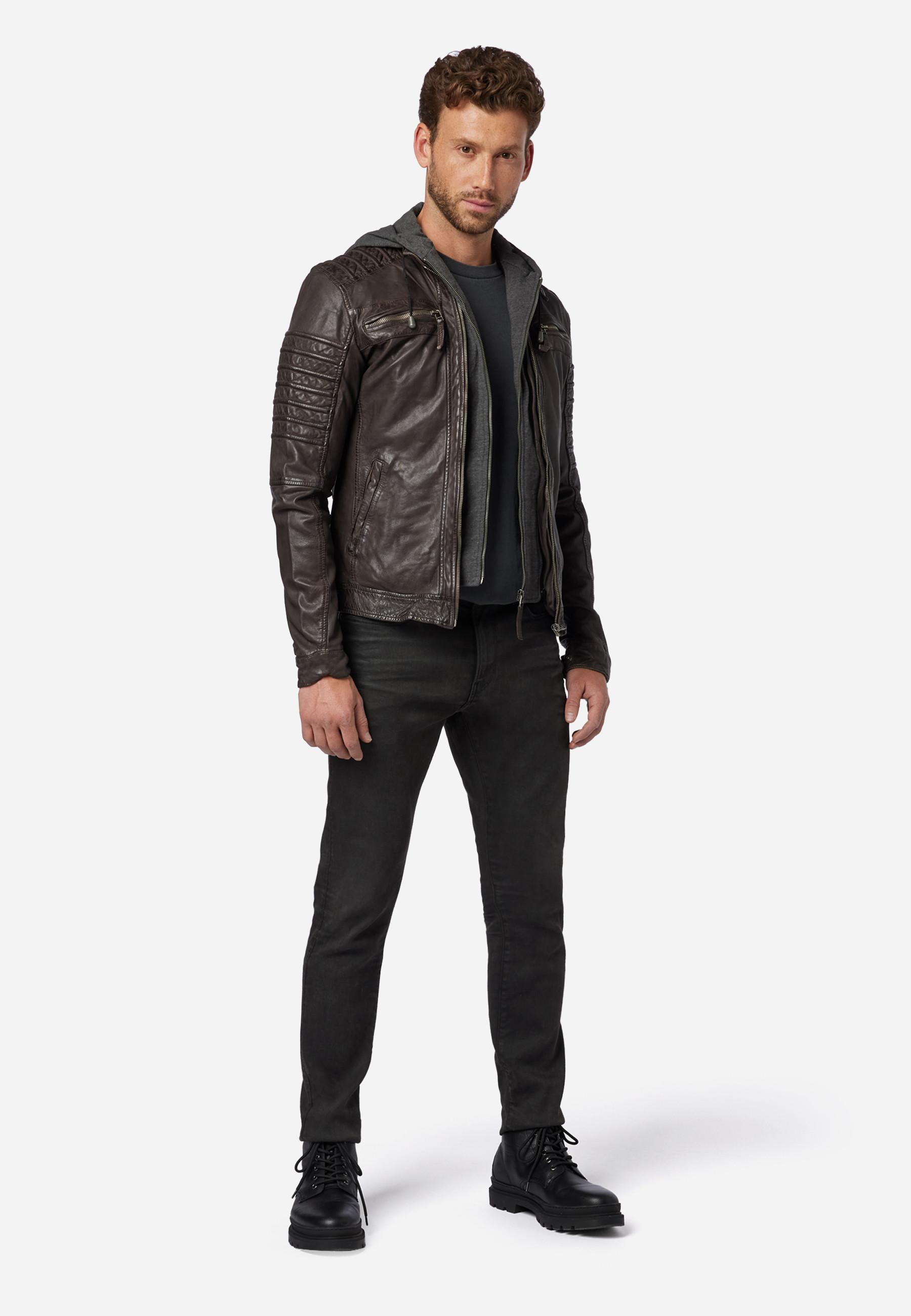 RICANO  Giacca in pelle da uomo 12815 Hood, stile biker con cappuccio removibile 