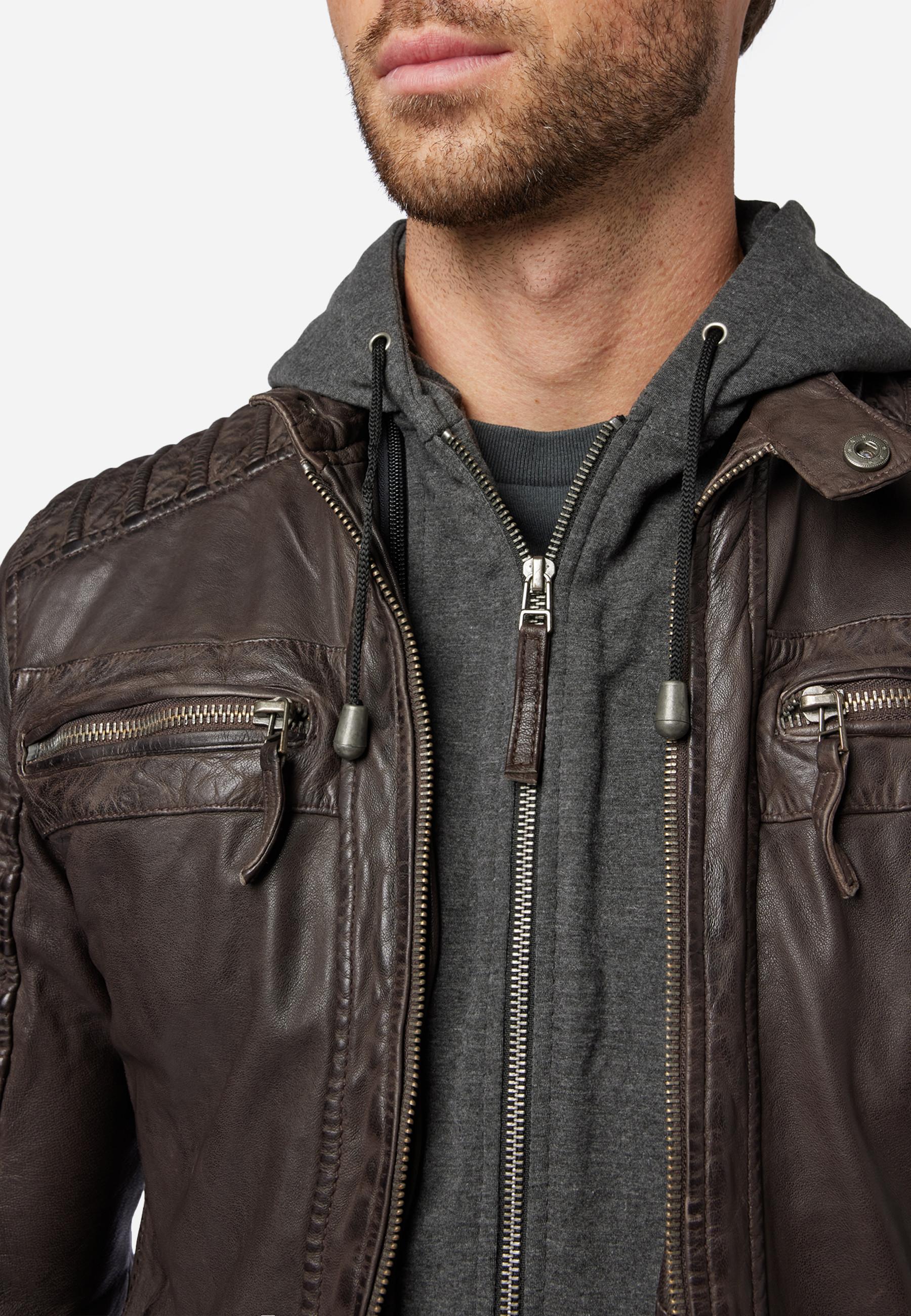 RICANO  Giacca in pelle da uomo 12815 Hood, stile biker con cappuccio removibile 