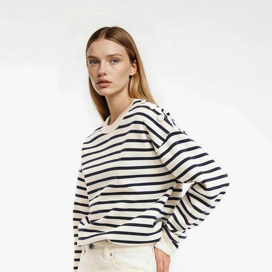Gestreiftes Sweatshirt mit Rundhalsausschnitt und geknöpfter Schulterpasse
