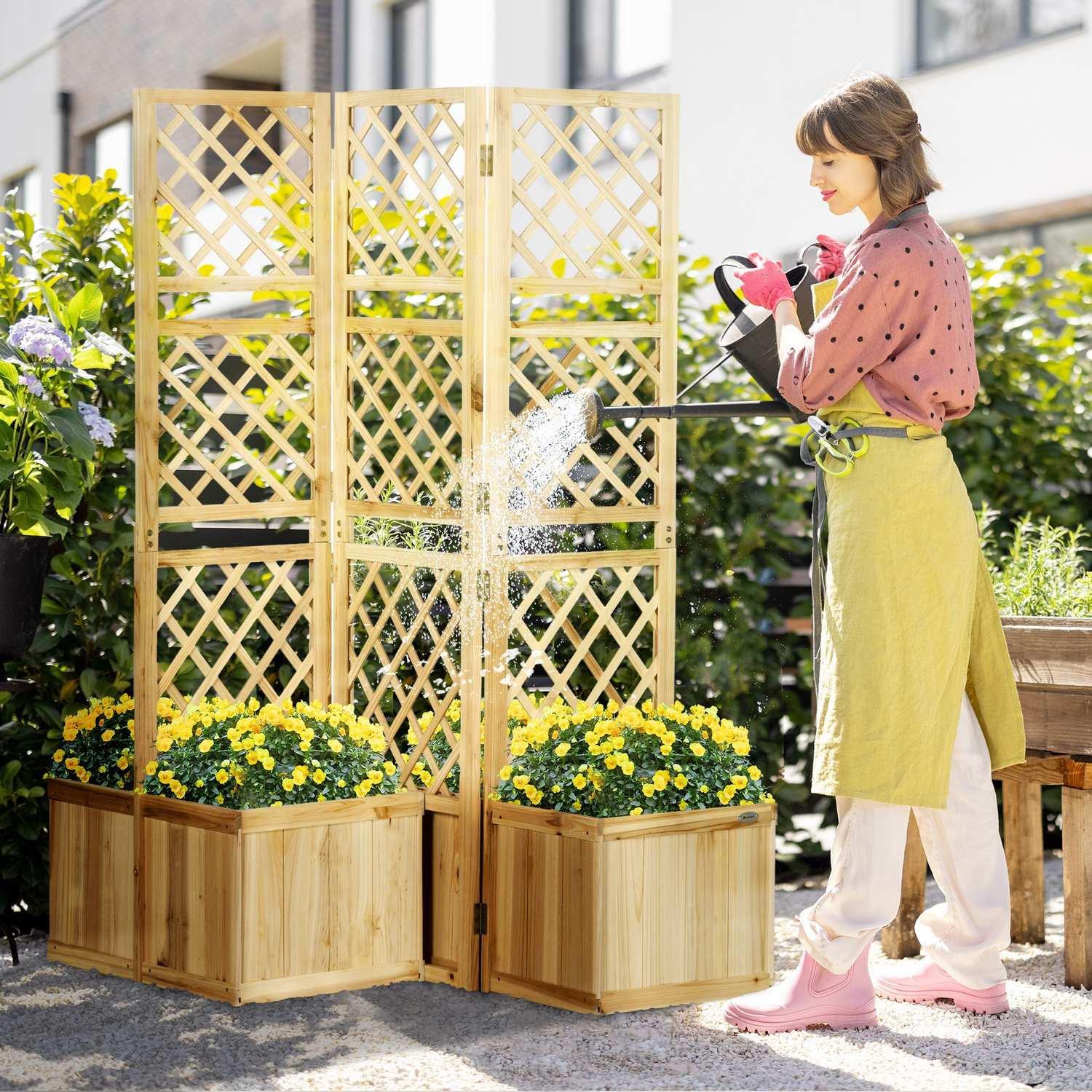 Northio Jardinière Surélevée Avec Treillis Pliable, Bac À Plantes Avec Brise-Vue, Séparateur De Pièce 133 X 165 Cm Avec 4 Bacs À Fleurs, Séparateur De Pièce Pour Balcon  