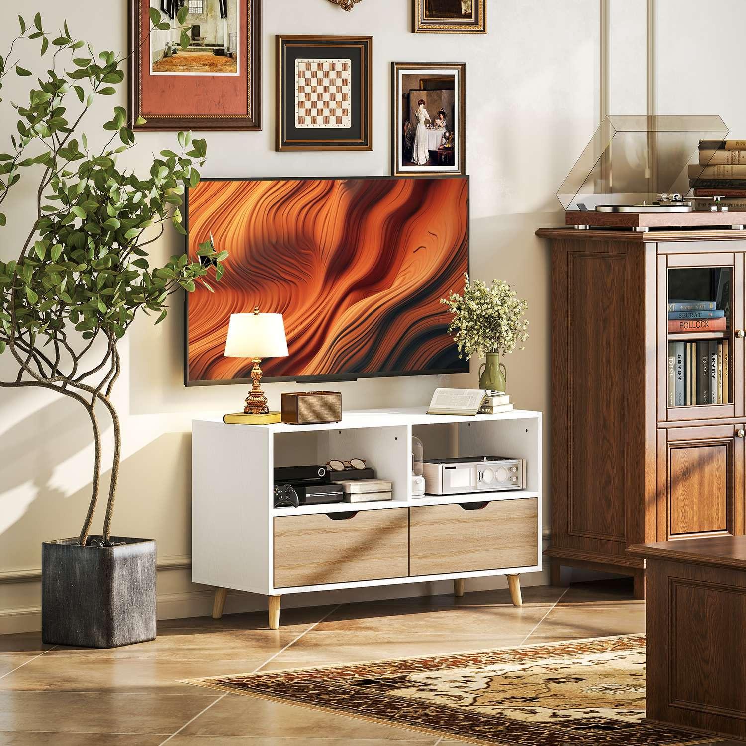Northio Meuble TV lowboard avec 2 étagères, tiroir, table TV de 99 cm de long pour télévision, meuble TV pour salon, blanc  