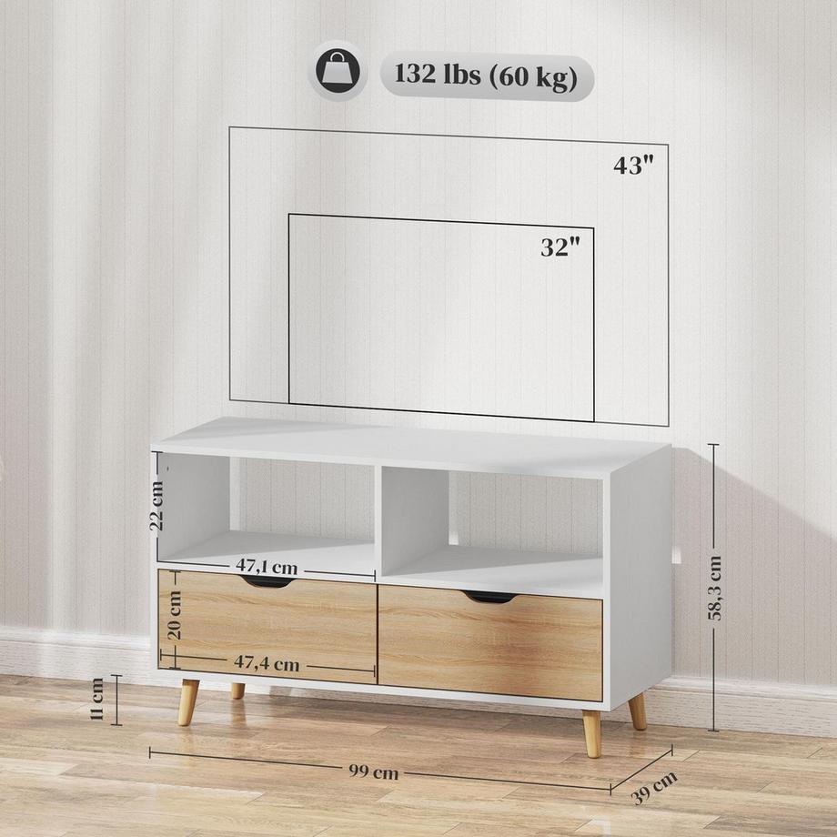 Northio TV Schrank Lowboard mit 2 Ablage, Schublade, 99 cm lang Fernsehtisch für Fernseher, TV Board für Wohnzimmer, Weiß  