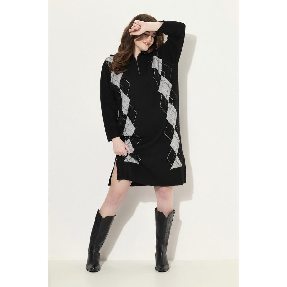 Ulla Popken Strickkleid Argyle-Muster Troyerkragen Langarm  