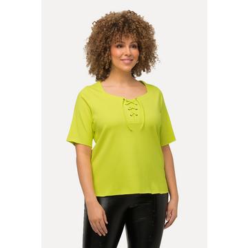 T-shirt in jersey a costine con scollo a cuore, allacciatura e mezze maniche