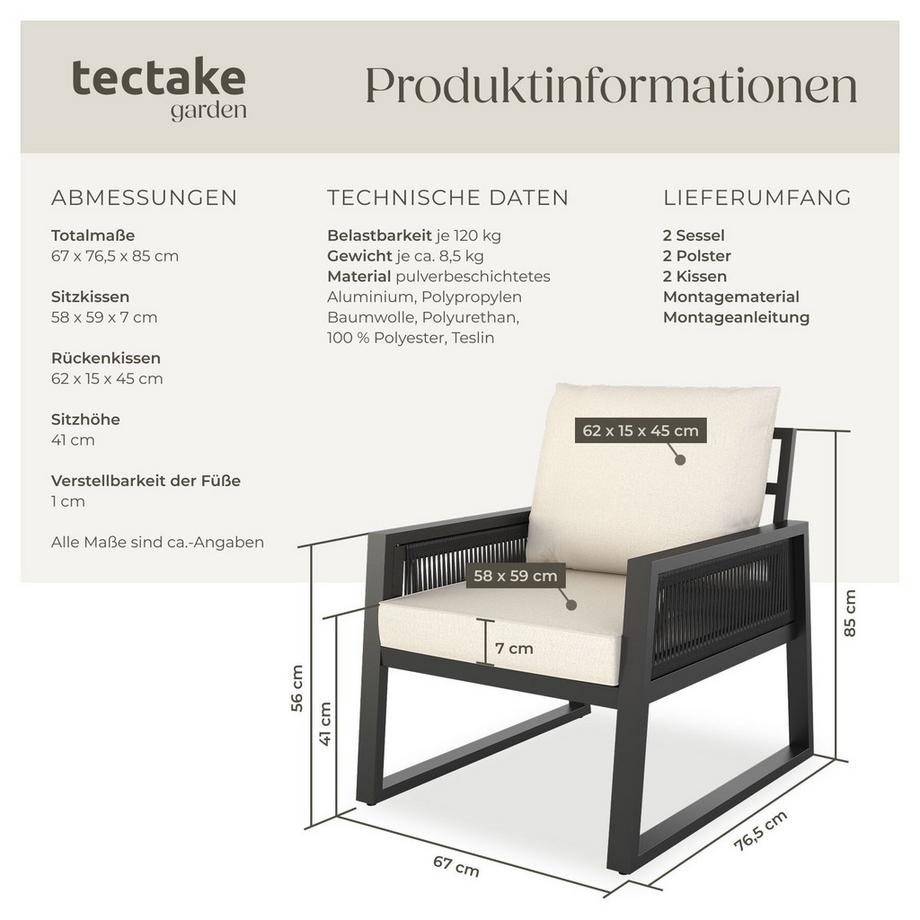 Tectake Aluminium Garten-Lounge Set Captive im Rope-Design 7 cm Sitzpolster, dicke Rückenkissen  