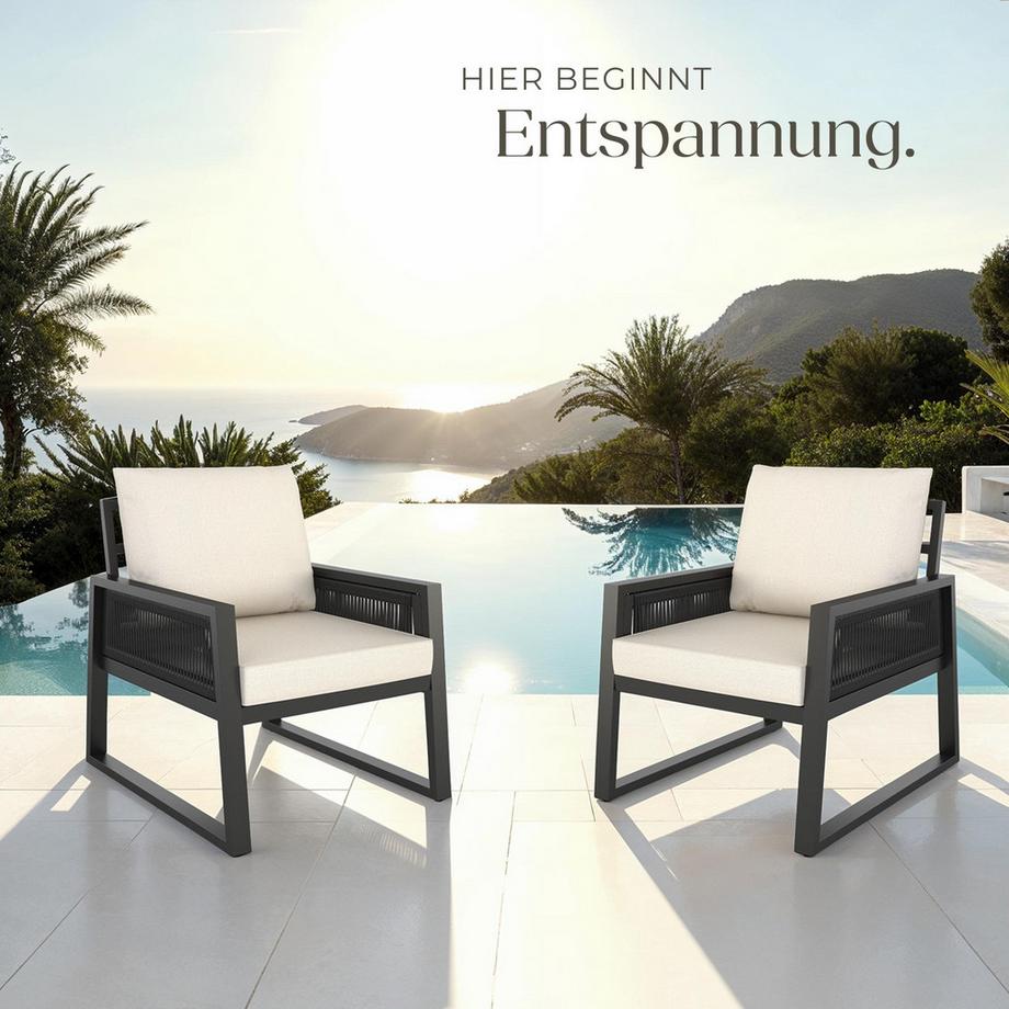 Tectake Aluminium Garten-Lounge Set Captive im Rope-Design 7 cm Sitzpolster, dicke Rückenkissen  