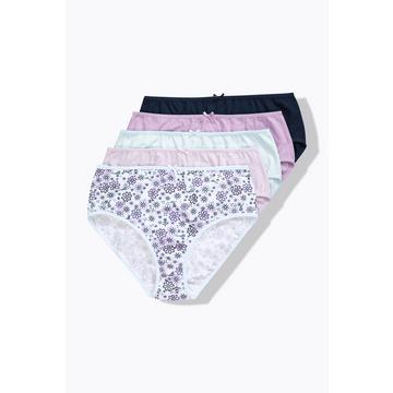 Slip midi dal taglio alto in confezione da cinque con fiori/tinta unita