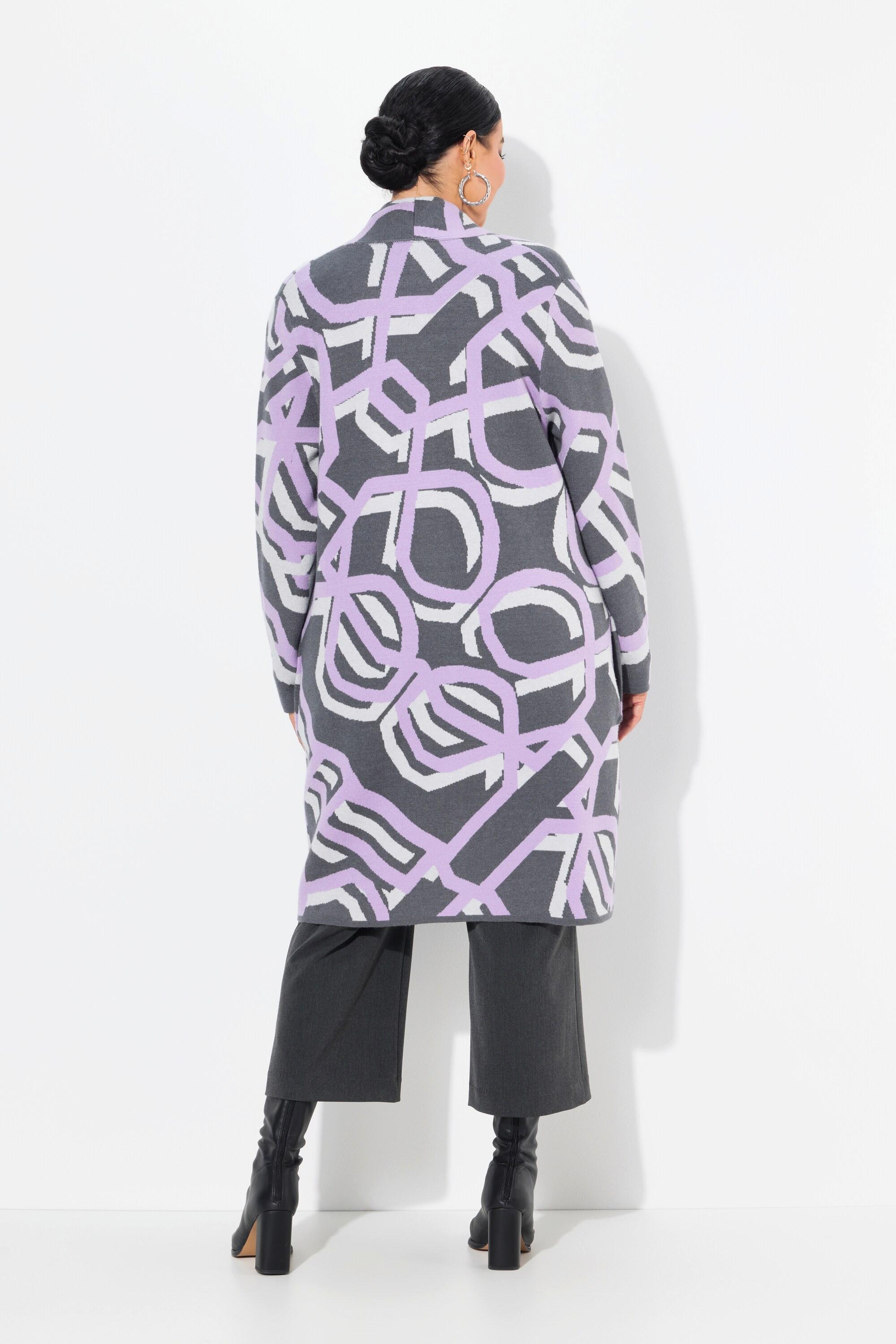 Ulla Popken Cardigan Long Motif Graphique Ouvert Col Montant  