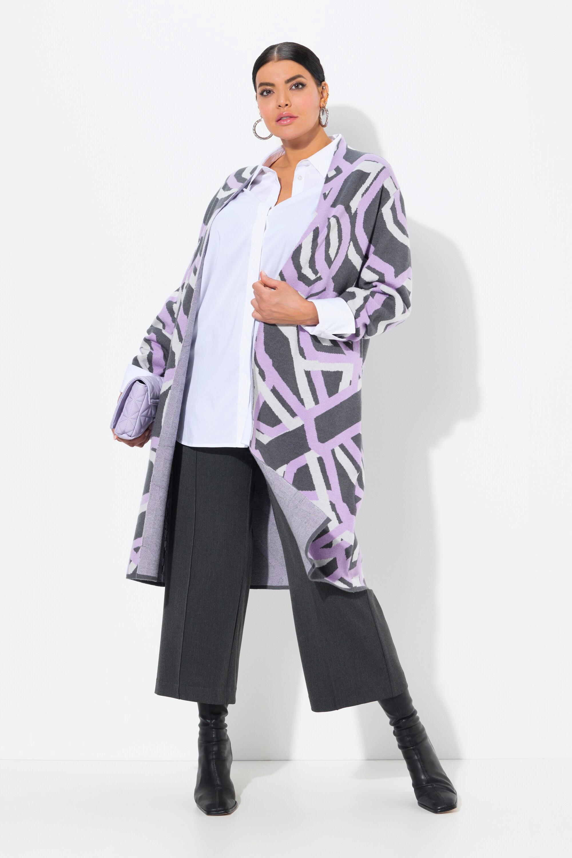 Ulla Popken Cardigan Long Motif Graphique Ouvert Col Montant  