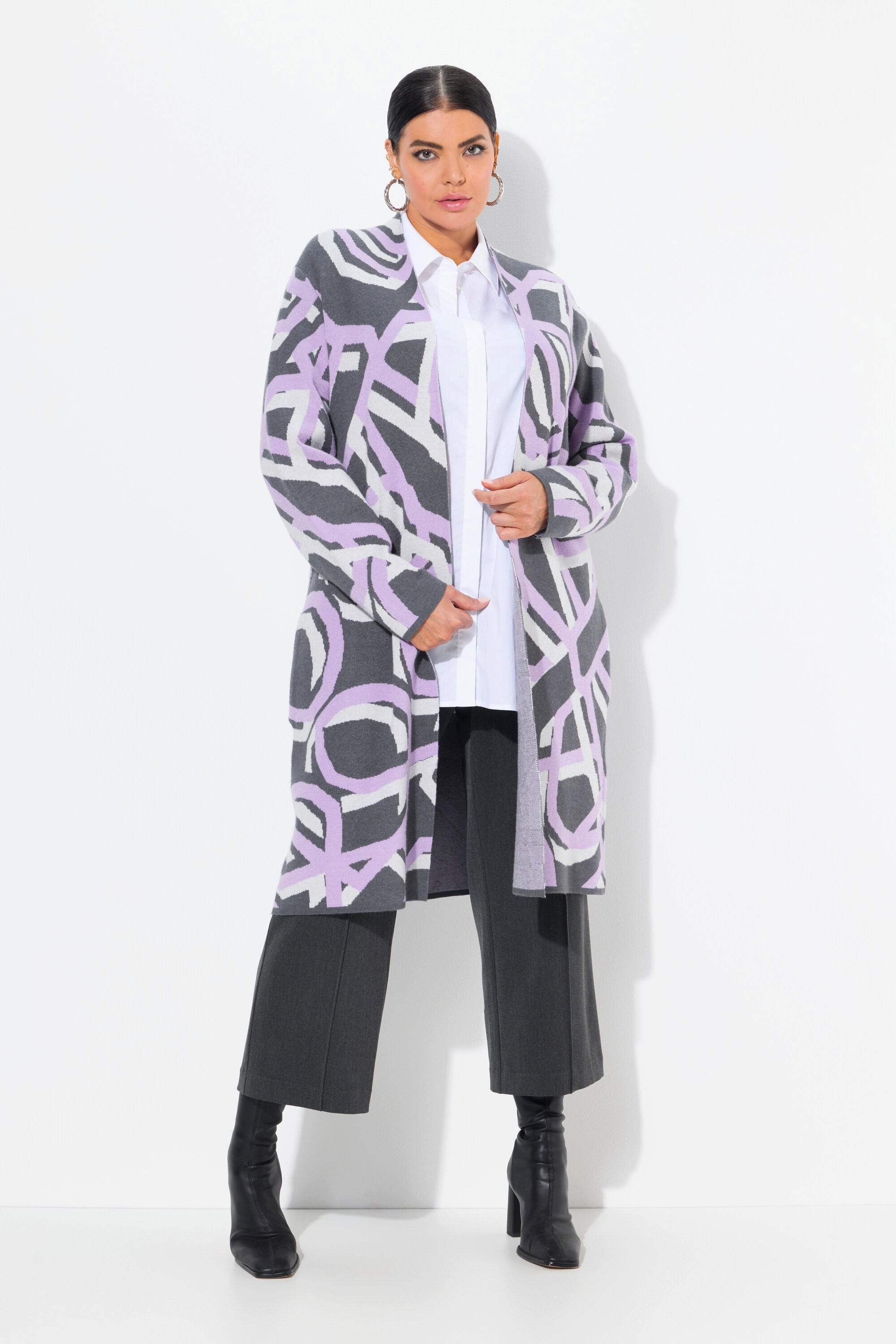 Ulla Popken Cardigan Long Motif Graphique Ouvert Col Montant  