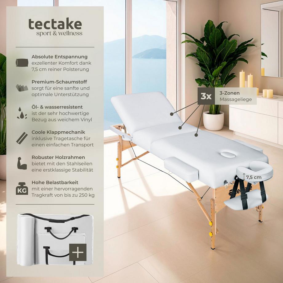 Tectake 3 Zonen Massageliege Somwang mit 7,5cm Polsterung und Holzgestell  