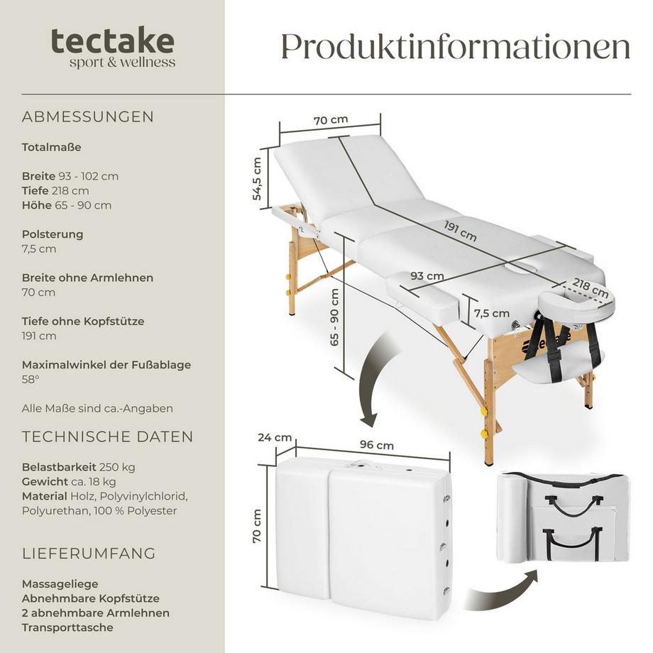 Tectake Table de massage portable pliante à 3 zones SOMWANG largeur 70 cm, rembourrage 7,5 cm  