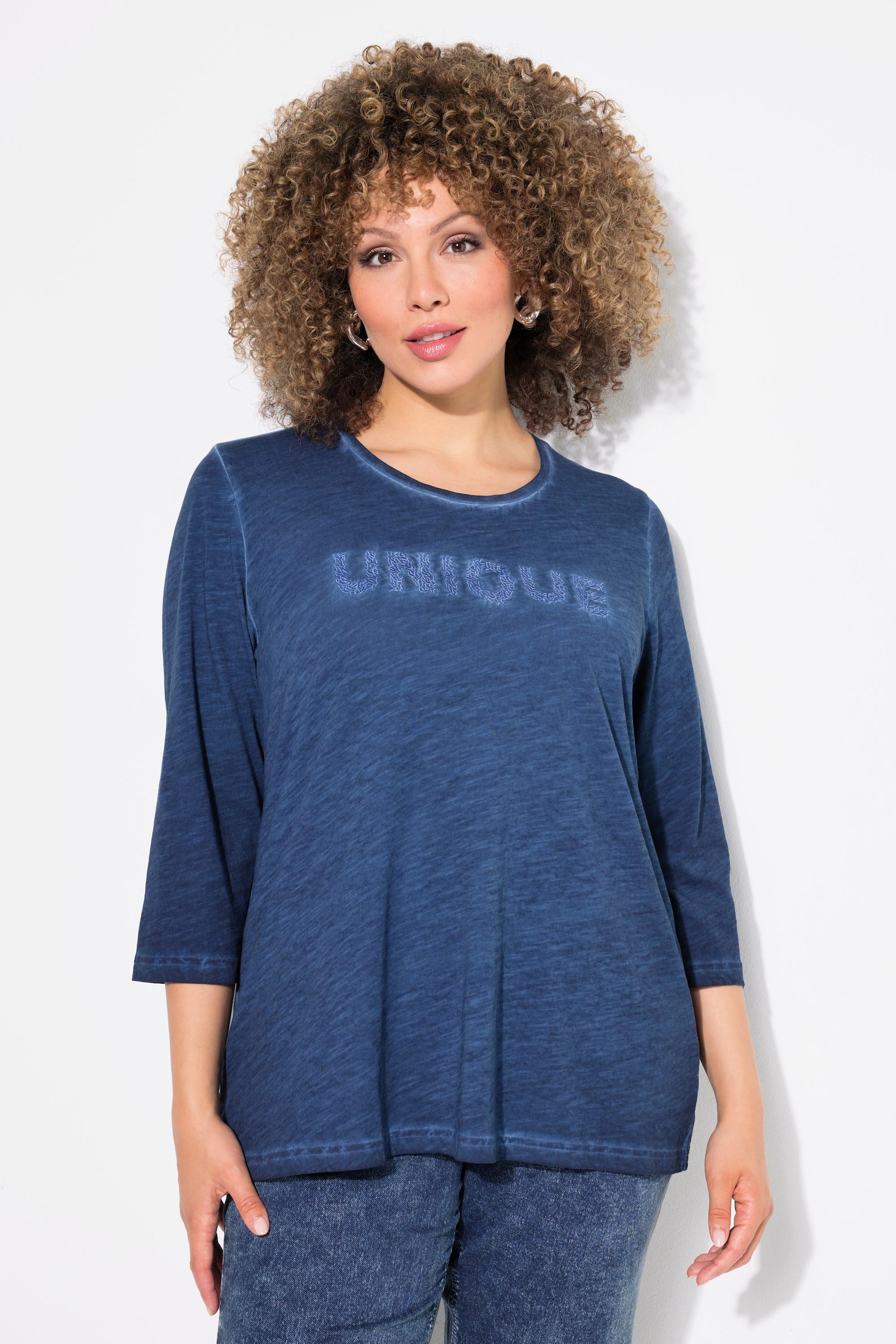 Ulla Popken  T-shirt message brodé, collection Classic, col rond et manches longues 