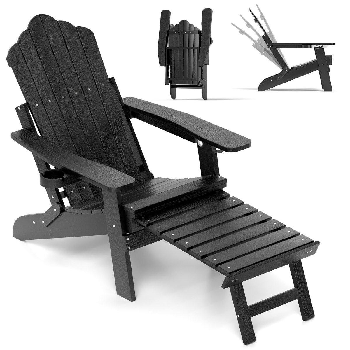 B2X Chaise Adirondack pliante avec repose-pieds et dossier réglable, chaise de jardin avec porte-gobelet, noir  