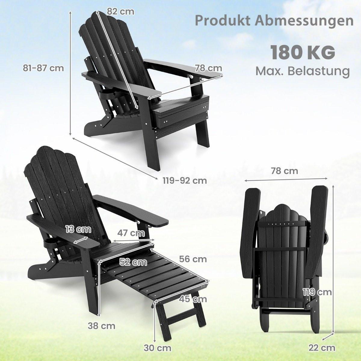 B2X Chaise Adirondack pliante avec repose-pieds et dossier réglable, chaise de jardin avec porte-gobelet, noir  
