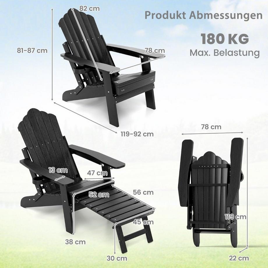 B2X Chaise Adirondack pliante avec repose-pieds et dossier réglable, chaise de jardin avec porte-gobelet, noir  