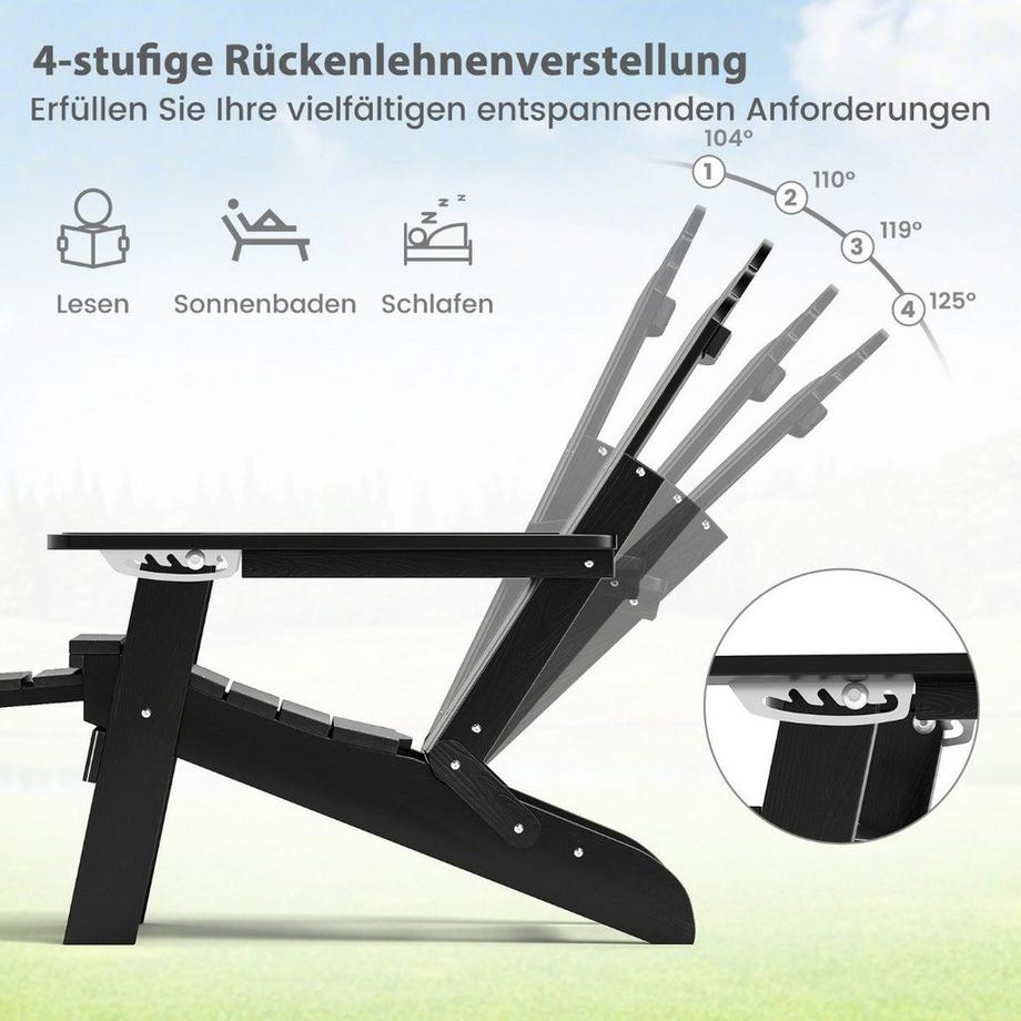 B2X Chaise Adirondack pliante avec repose-pieds et dossier réglable, chaise de jardin avec porte-gobelet, noir  