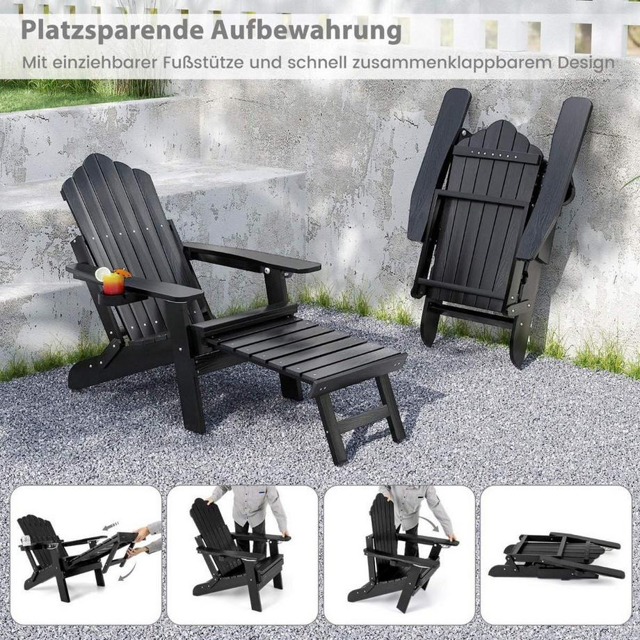 B2X Chaise Adirondack pliante avec repose-pieds et dossier réglable, chaise de jardin avec porte-gobelet, noir  
