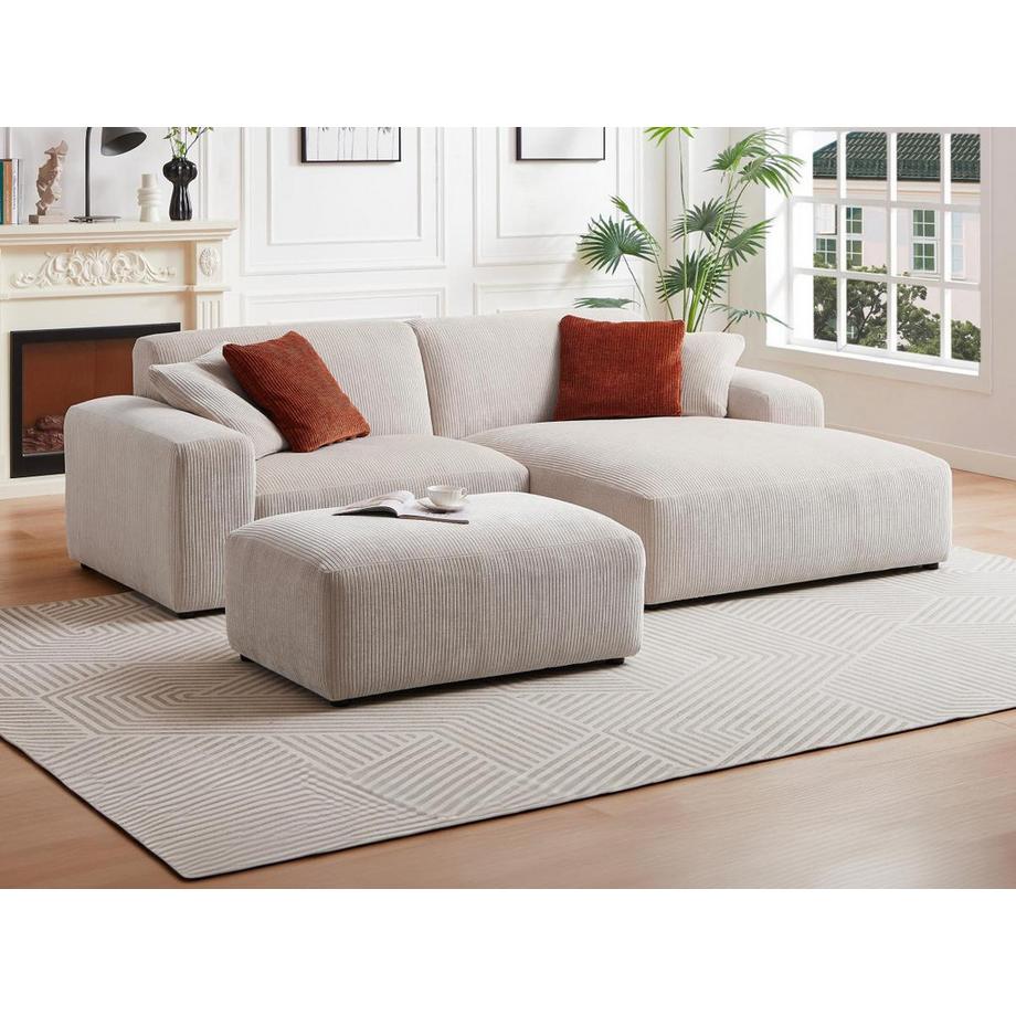 Maison Céphy Canapé d'angle droit et pouf en velours côtelé beige TIRONO de Maison Céphy  
