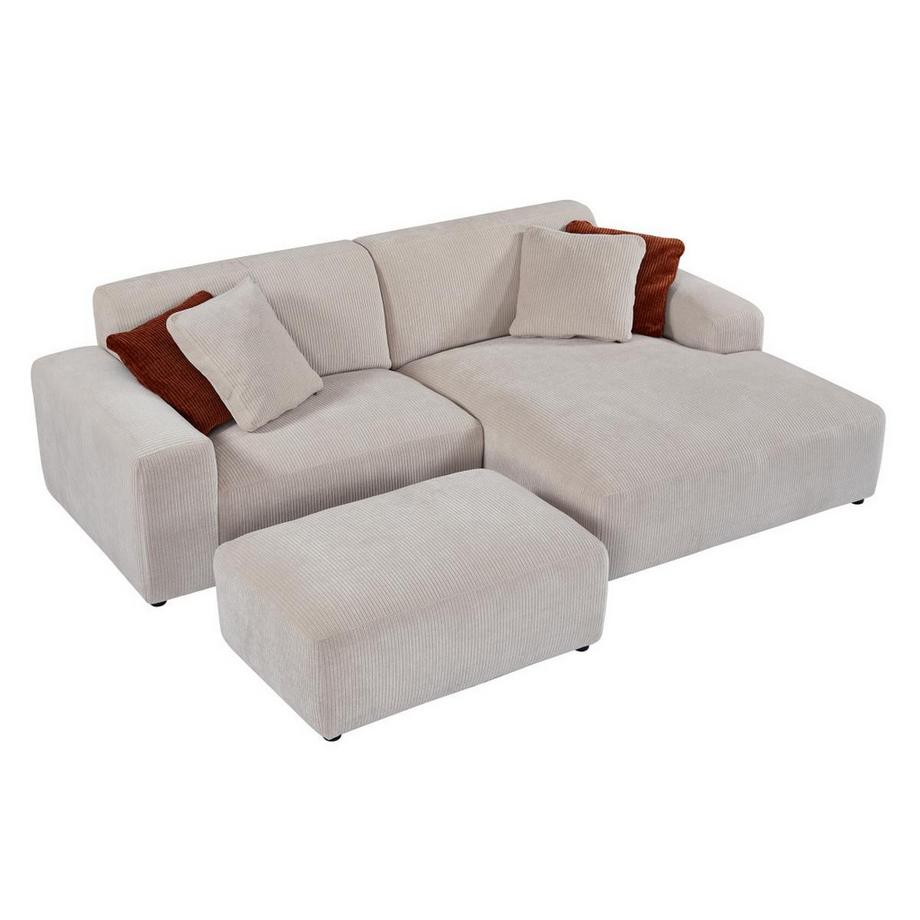 Maison Céphy Canapé d'angle droit et pouf en velours côtelé beige TIRONO de Maison Céphy  